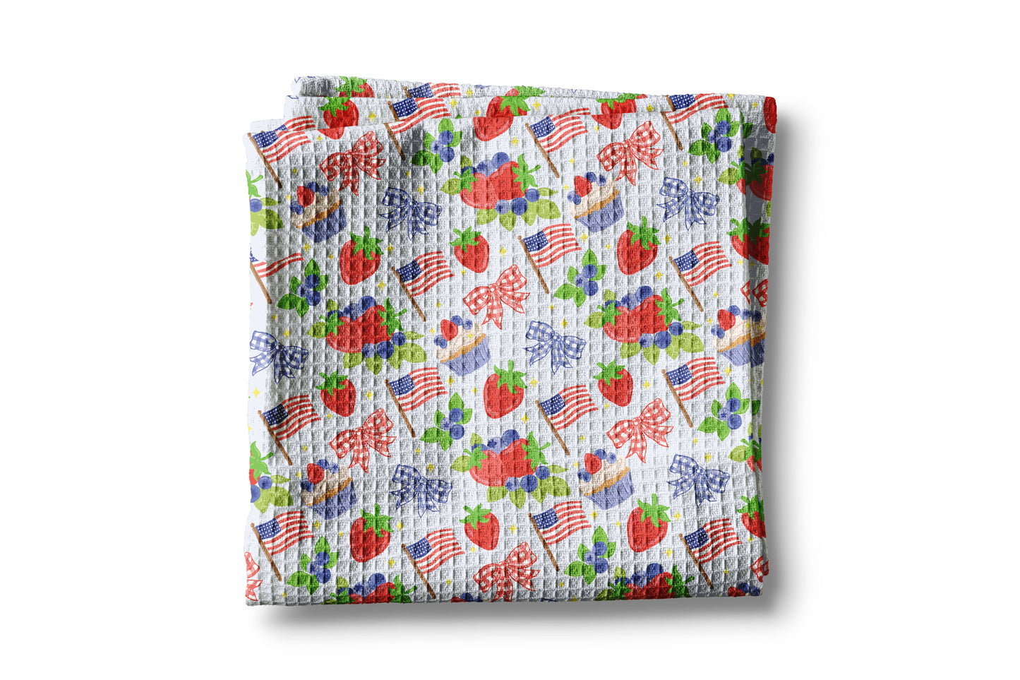 4th July Strawberry Red White Blue Flag Kitchen Towel Waffle