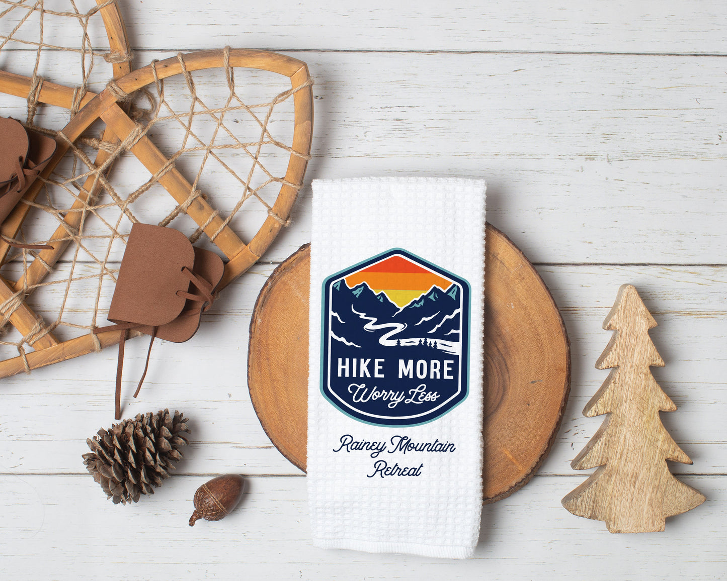 Personalized Hike More Worry Less Waffle Weave Kitchen Towel