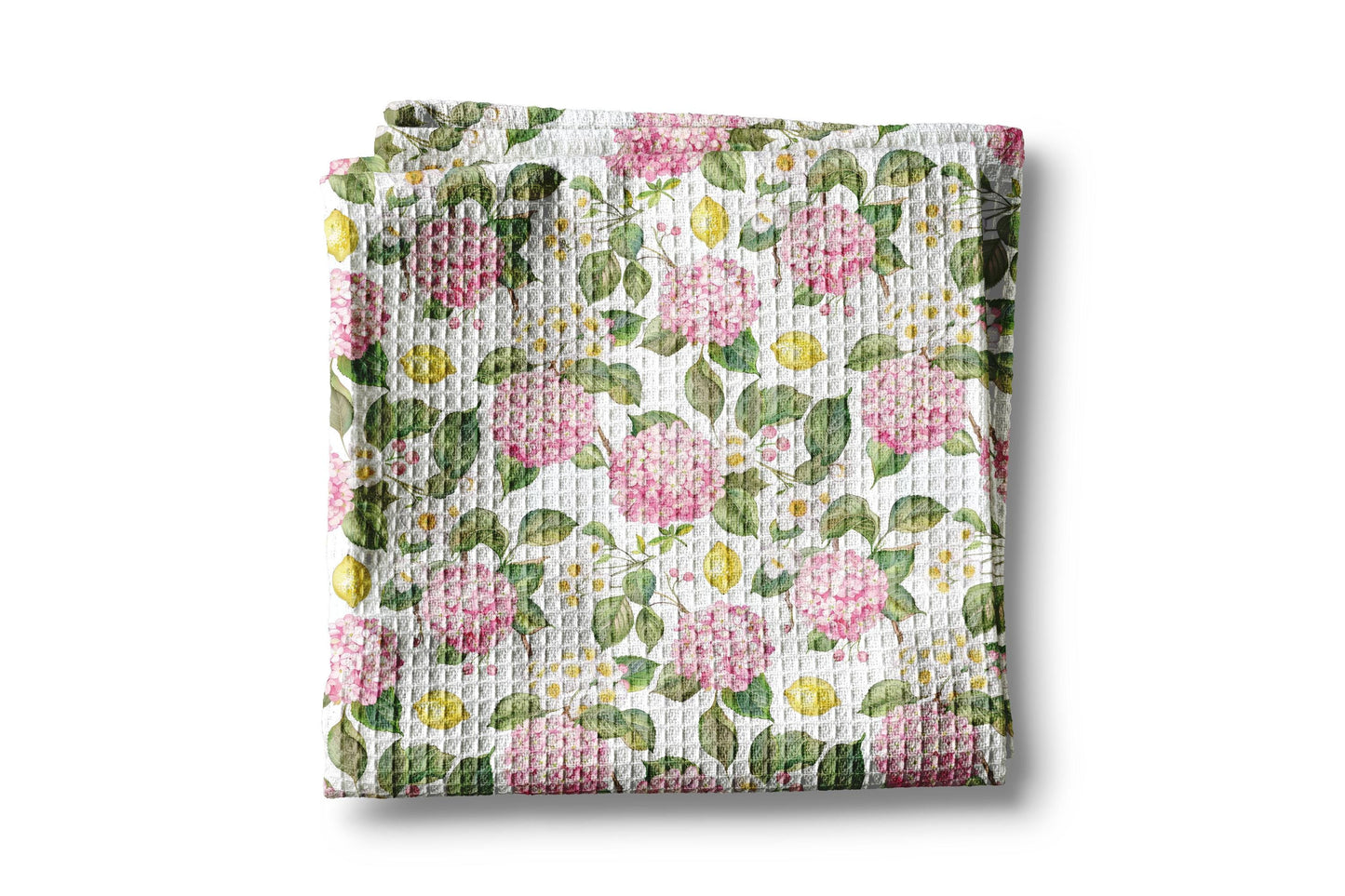 Lemon Pink Hydrangea Kitchen Towel Waffle Weave Floral Citrus Summer Southern Preppy Hostess