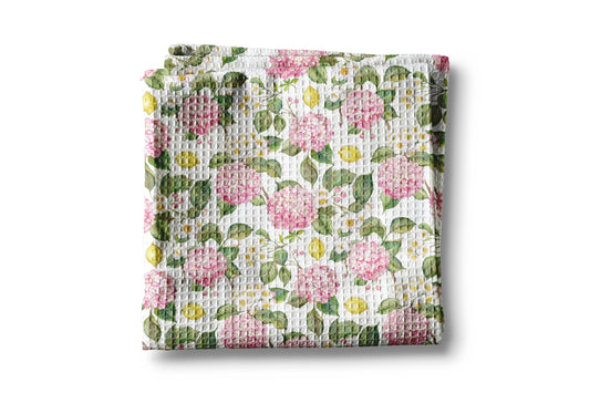 Lemon Pink Hydrangea Kitchen Towel Waffle Weave Floral Citrus Summer Southern Preppy Hostess