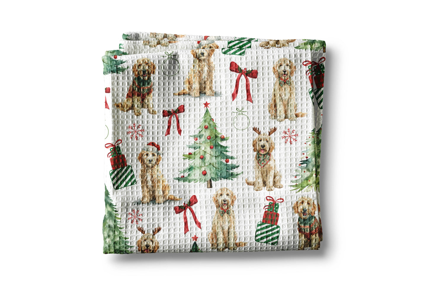 Doodle Dog Christmas Holiday Kitchen Towel Waffle Golden