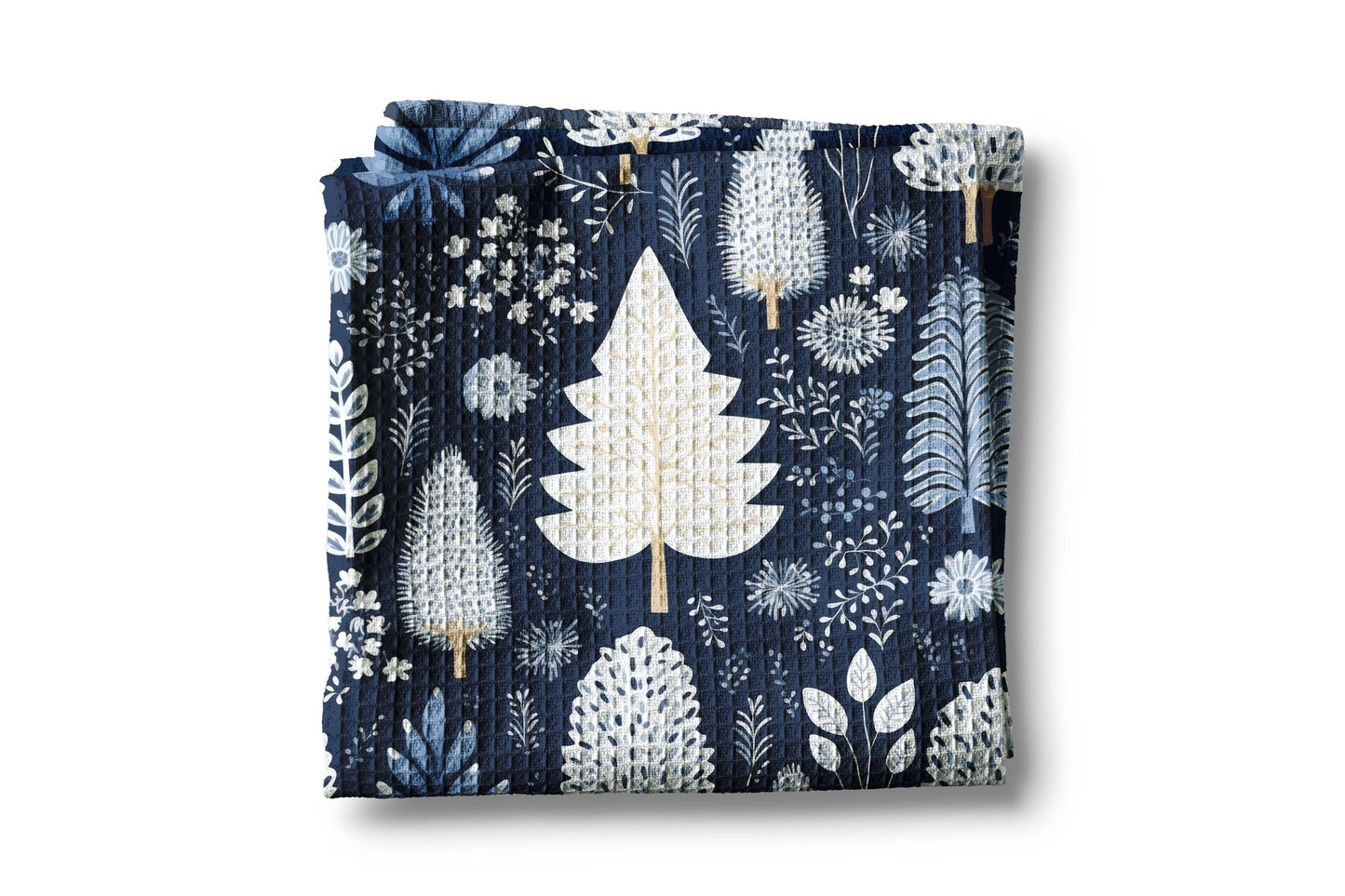 Winter Kitchen Towel – Navy Blue Floral Holiday Design With Waffle Weave