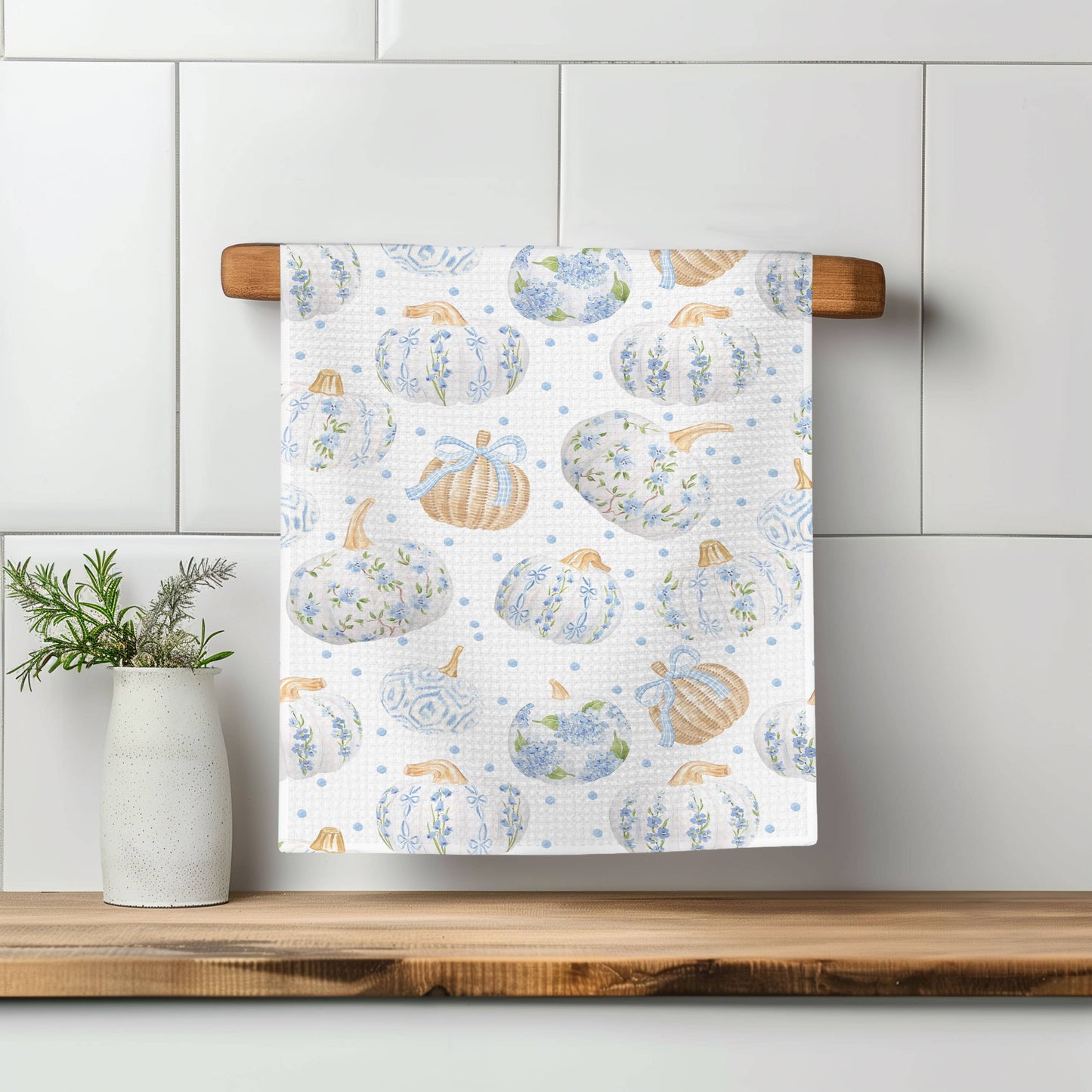 Blue Pumpkin Chinoiserie Fall Coastal Kitchen Towel Waffle