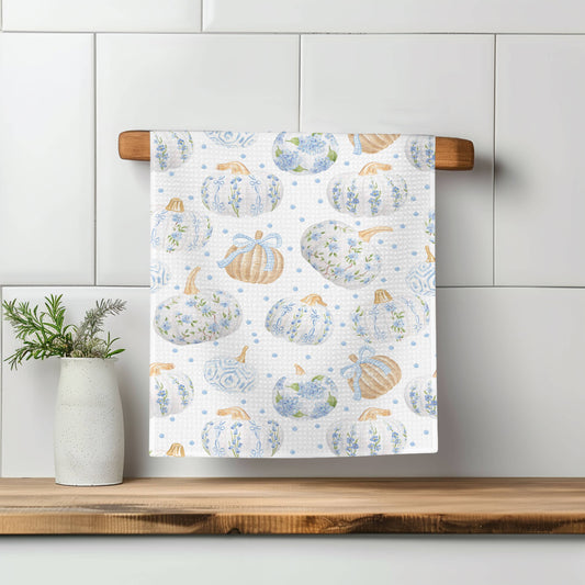 Blue Pumpkin Chinoiserie Fall Coastal Kitchen Towel Waffle