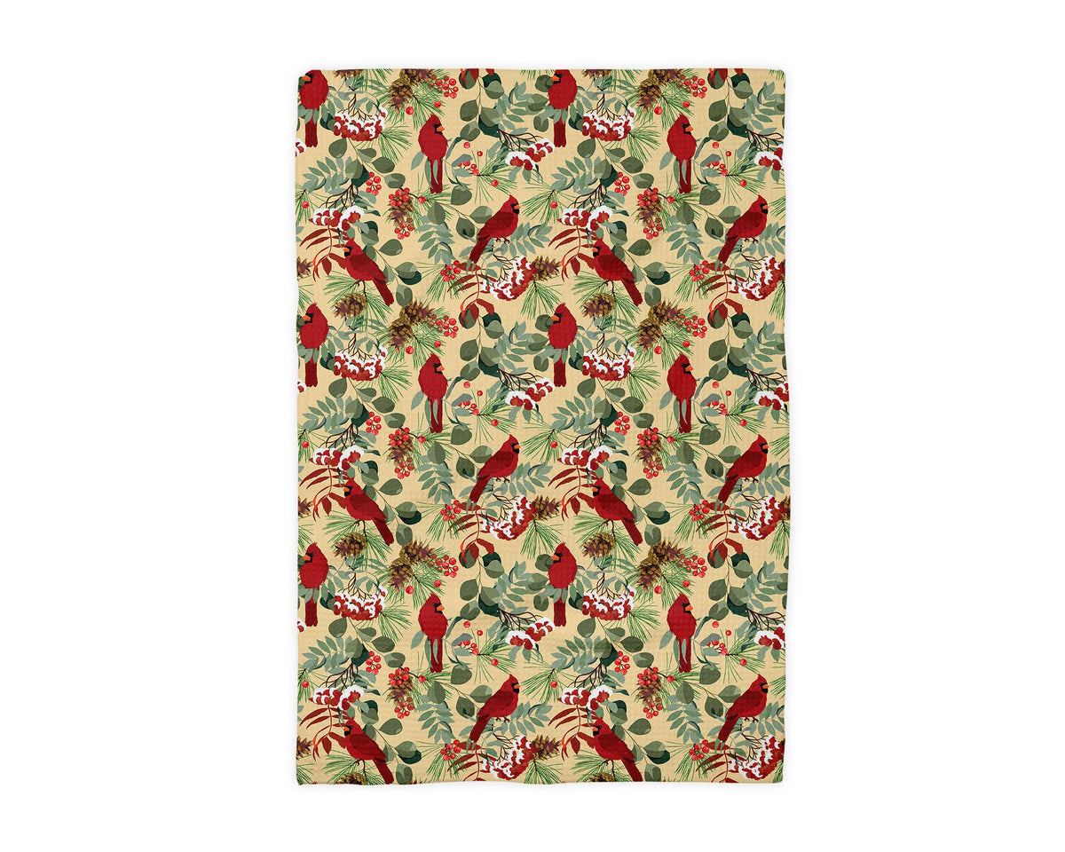 Cardinal Christmas Bird Floral Kitchen Towel Waffle Holiday