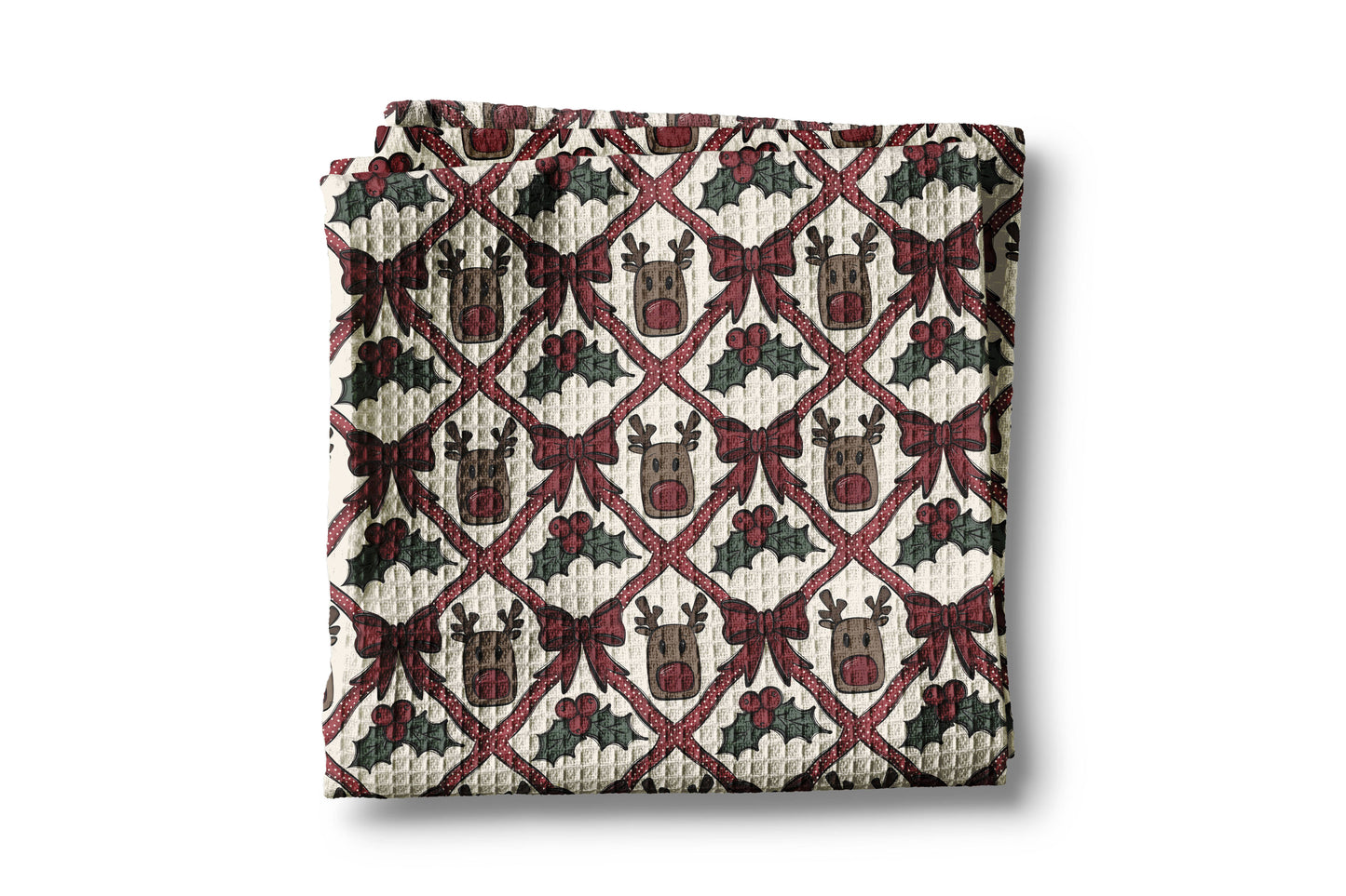 Reindeer Christmas Bird Floral Kitchen Towel Waffle Holiday