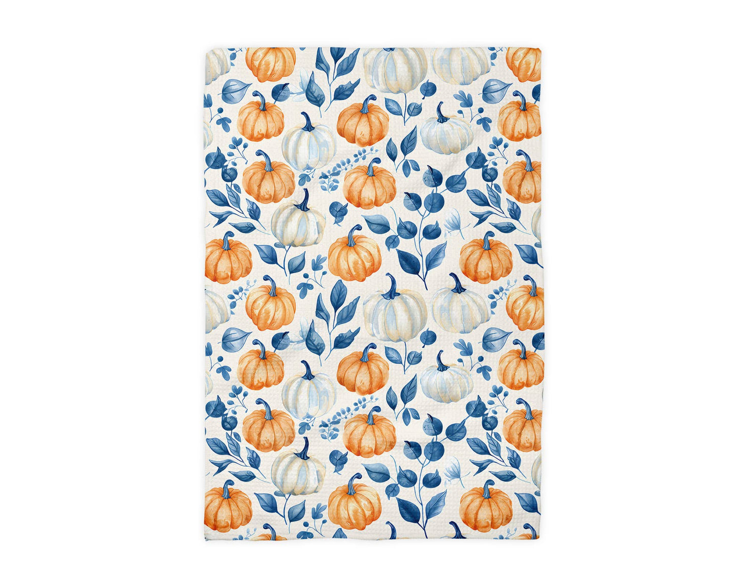 Blue Pumpkin Chinoiserie Fall Coastal Kitchen Towel Waffle