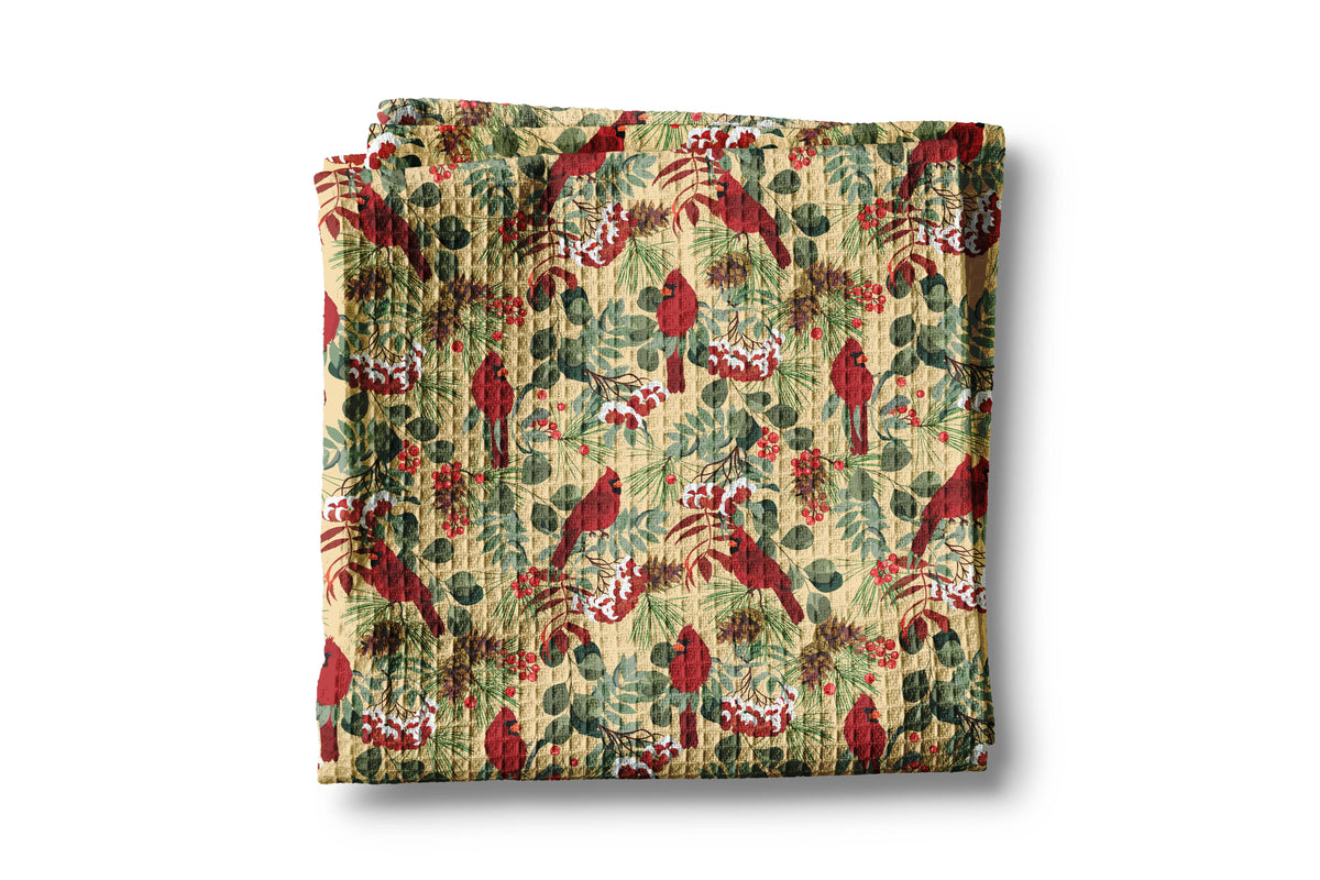 Cardinal Christmas Bird Floral Kitchen Towel Waffle Holiday