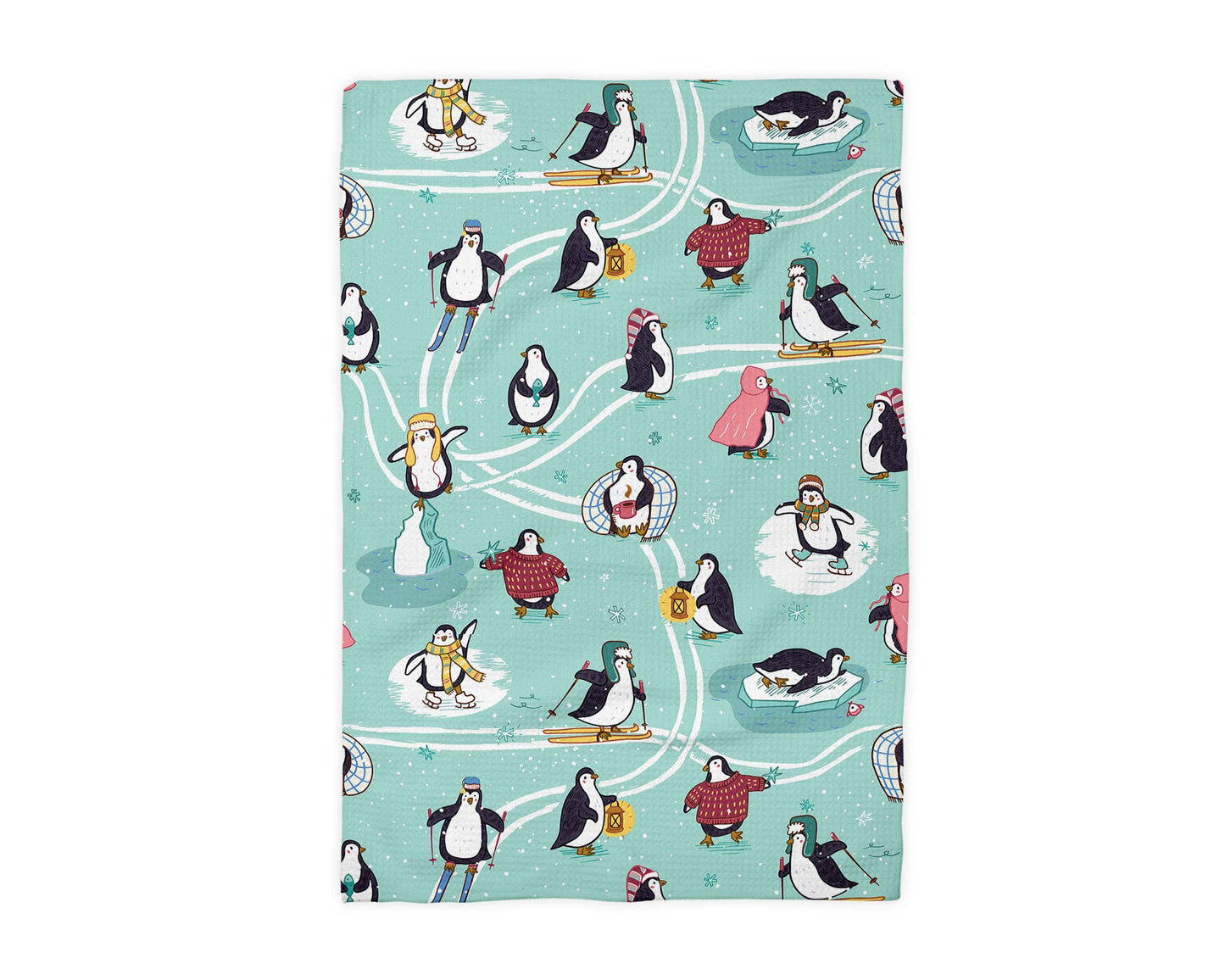 Penguin Winter Trees Snow Blues Holiday Baking Kitchen Towel