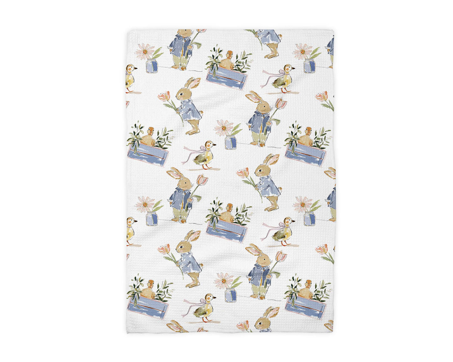 Easter Kitchen Towel – Waffle Weave Duck Egg Towel With Blue White Floral Design