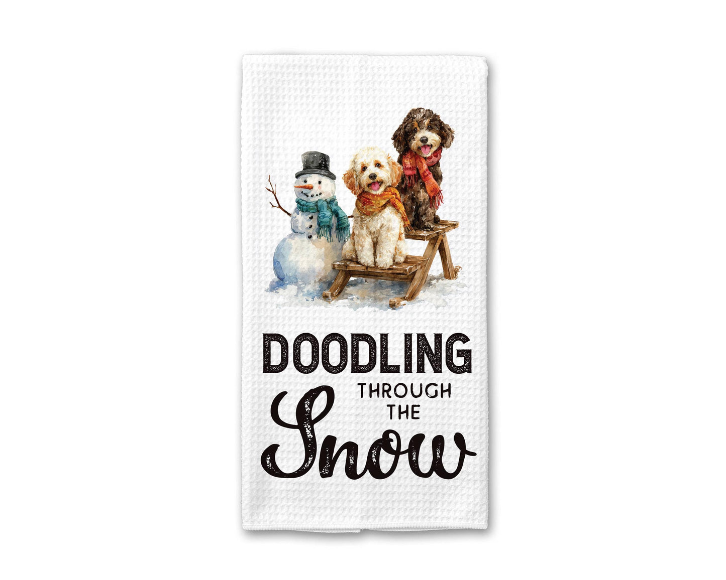 Doodle Dog Snow Winter Kitchen Towel Labradoodle Ski Sled