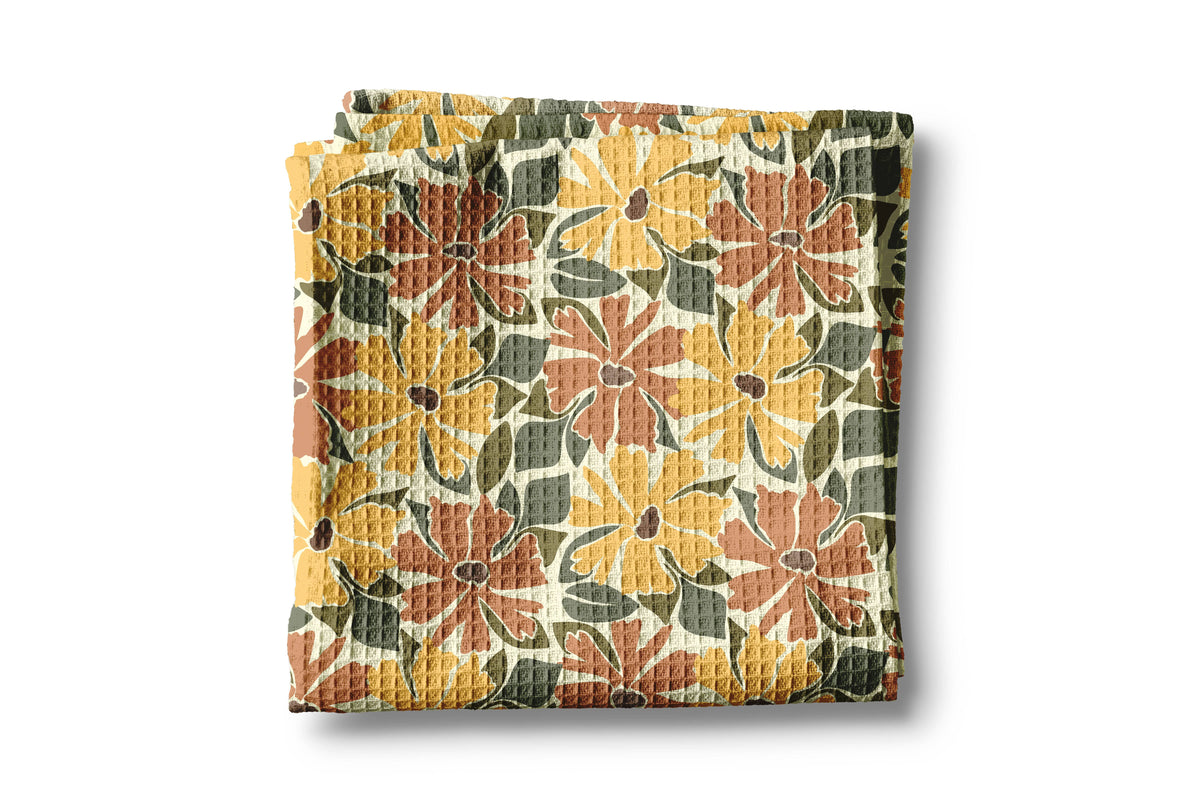 Boho Fall Floral Waffle Weave Kitchen Towel Autumn Daisy
