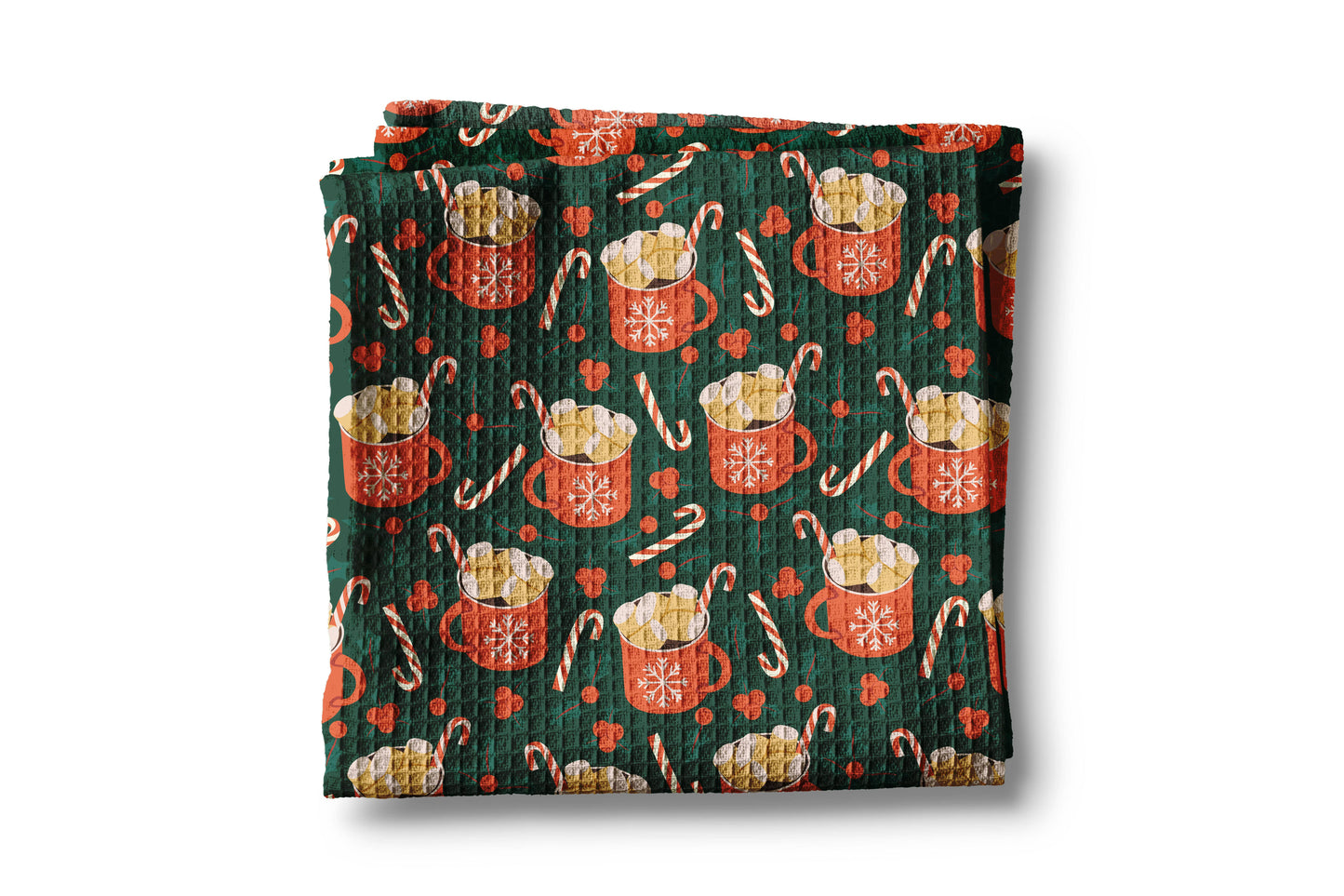 Christmas Cup Cocoa Marshmallow Cookie Kitchen Towel Waffle