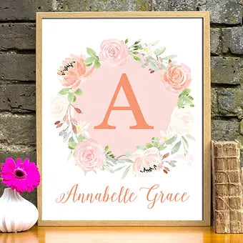 Personalized Pink Floral Wreath Monogram Print