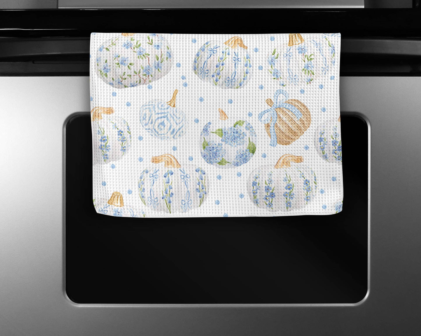 Blue Pumpkin Chinoiserie Fall Coastal Kitchen Towel Waffle