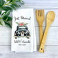 just married kitchen towel on gray wood background with wooden utensils