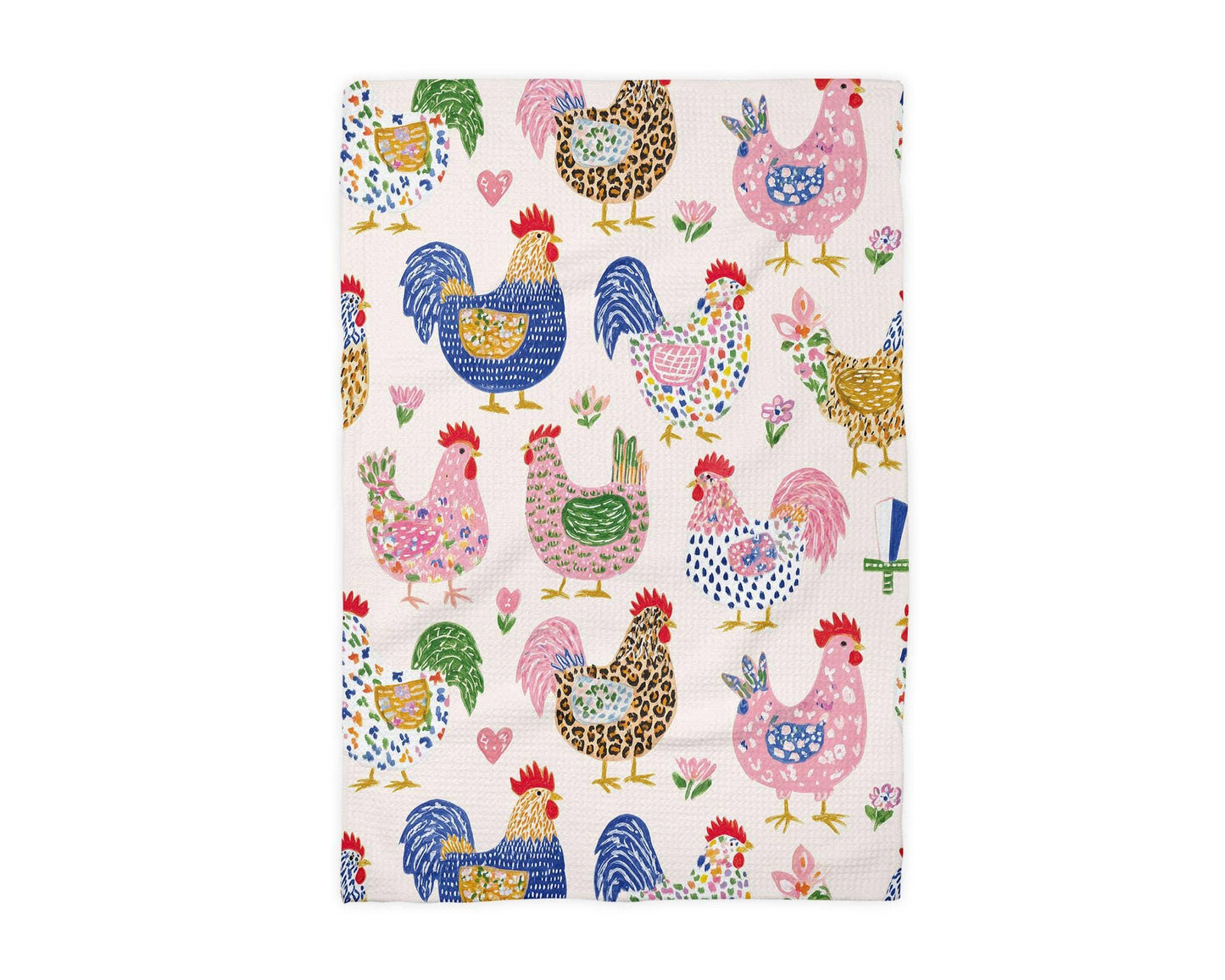 Chicken Kitchen Towel - Colorful Farmhouse Waffle Weave Towel With Retro Chicken Decor