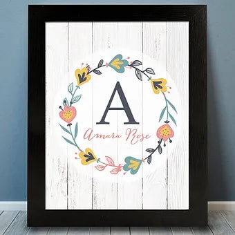 Personalized Floral Monogram Print With Wooden Background