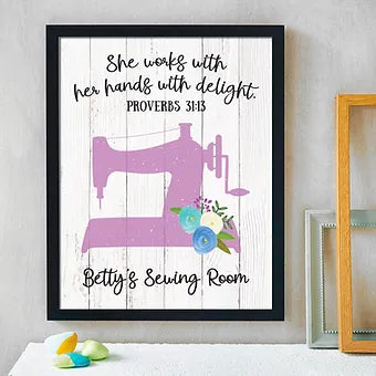 Personalized She Works With Her Hands With Delight Sewing Room Print