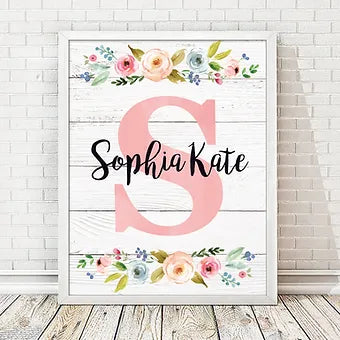 Personalized Pink Floral Monogram Print with Wooden Background