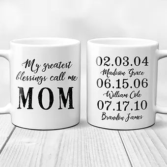 My Greatest Blessings Call Me Mom Mug: Personalized ceramic coffee mug, a loving Mother's Day gift with children's names and birthdates.