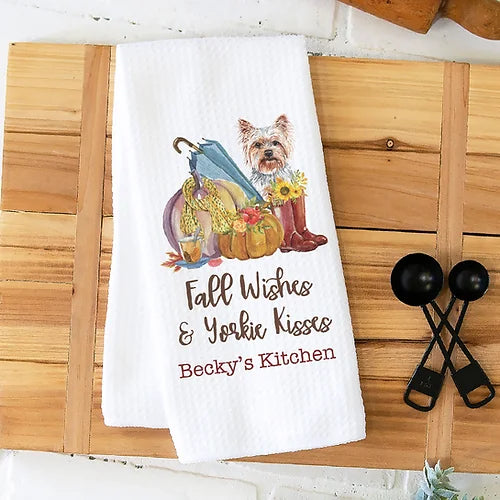 Personalized Fall Wishes & Yorkie Kisses Kitchen Towel