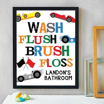Wash Flush Brush Floss Racecar Bathroom Print