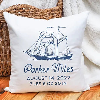 Personalized Sailboat Birth Announcement Pillow