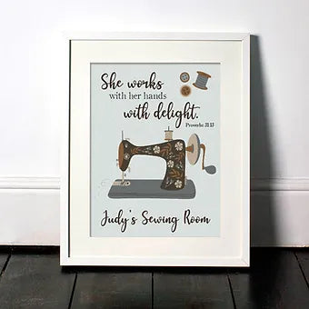 Personalized She Works With Her Hands With Delight Sewing Room Print