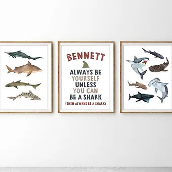 Set of Three Personalized Shark Print
