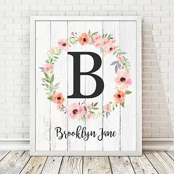Personalized Floral Wreath Monogram Print with Wooden Background