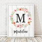 Personalized Floral Wreath Monogram Print with Wooden Background