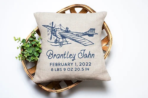 Personalized Plane Birth Announcement Pillow