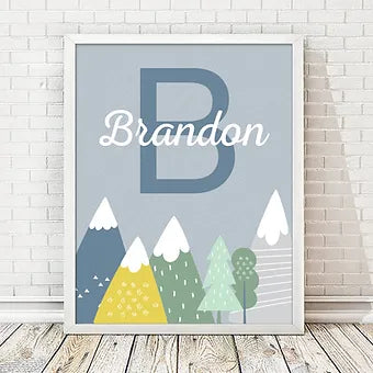 Personalized Blue Monogram Mountain Print