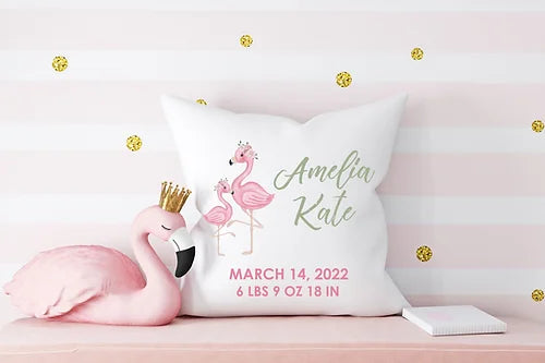 Personalized Flamingo Birth Announcement Pillow