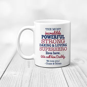 Personalized Powerful, Strong, and Loving Superhero Dad Mug