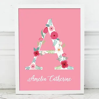 Personalized Pink Monogram with Flowers Print